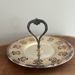 vintage silver-plated single-tier serving tray, heart handle cut-out floral rim